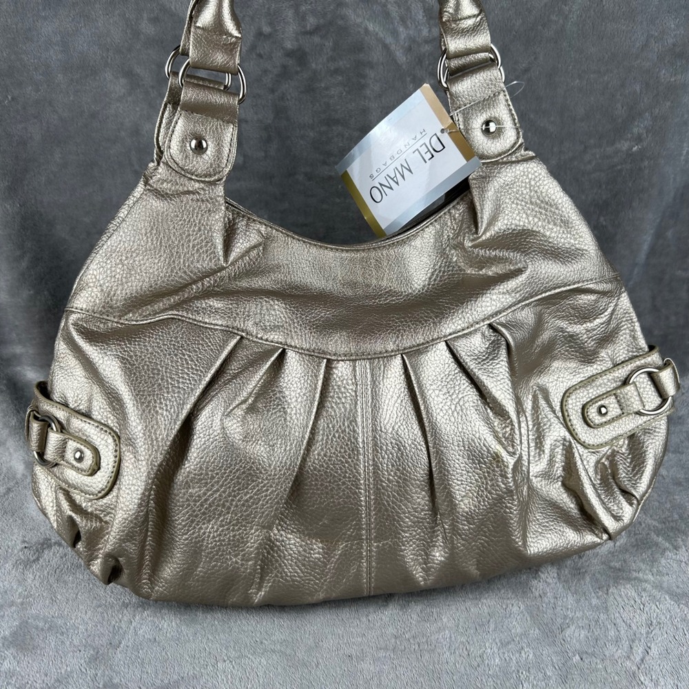 Del Mano Metallic Champagne Pleated Hobo Shoulder Bag Faux Leather Y2K NOS